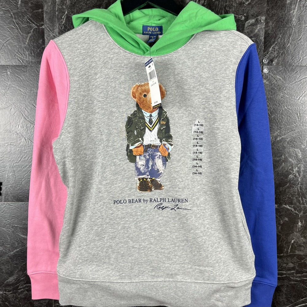 Polo Ralph Lauren Boy's Color Block Polo Bear Hoodie Large (Women's XS) -New